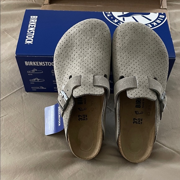Birkenstock Shoes - Birkenstock Light Gray Perforated Clogs
